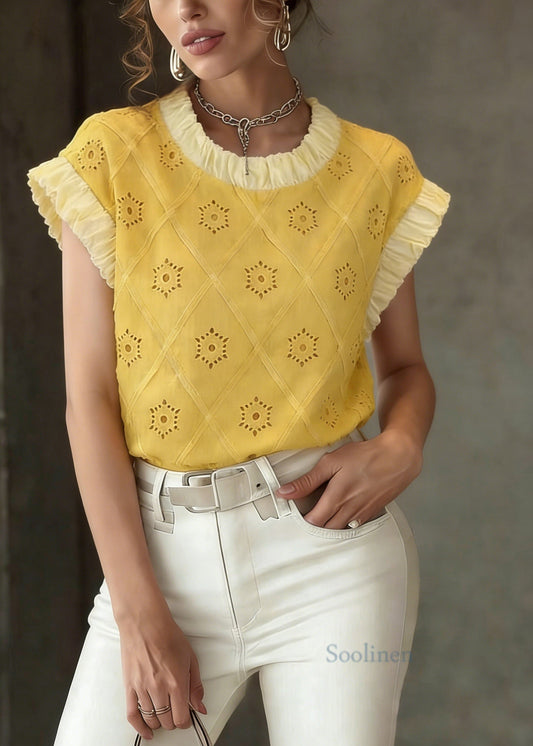 Yellow Patchwork Hollow Out T Shirt Summer
