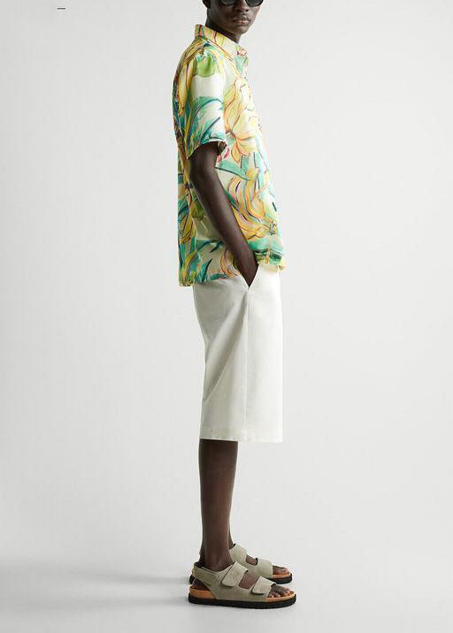 Yellow Peter Pan Collar Print Shirts Short Sleeve