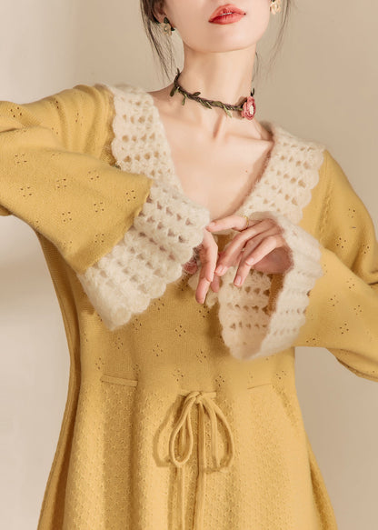 Yellow Peter Pan Collar Tie Waist Hollow Out Long Dress Spring