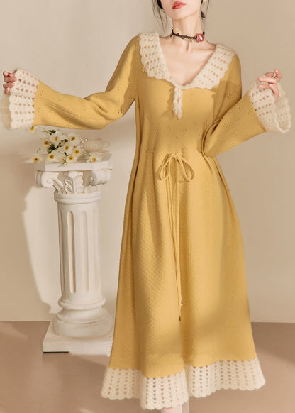 Yellow Peter Pan Collar Tie Waist Hollow Out Long Dress Spring