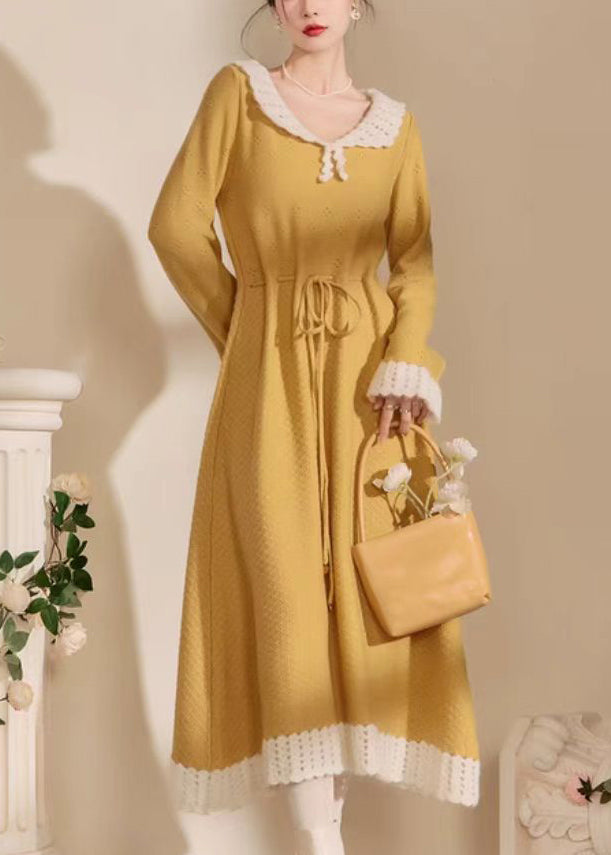 Yellow Peter Pan Collar Tie Waist Hollow Out Long Dress Spring