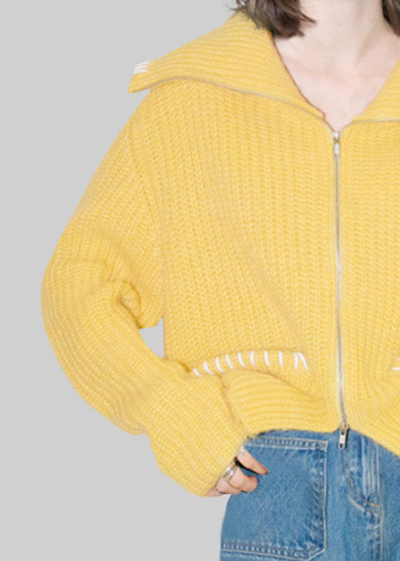 Yellow Peter Pan Collar Zippered Cotton Knit Cardigans Fal