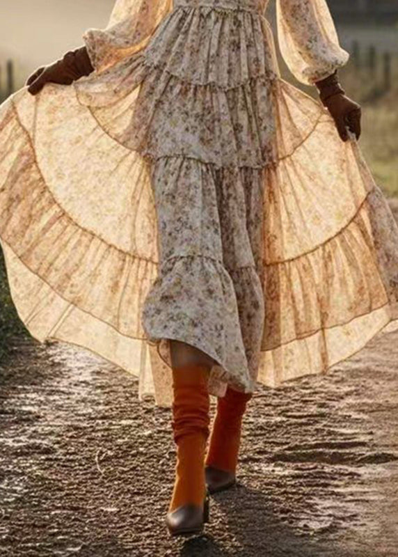 Yellow Print Patchwork Chiffon Maxi Dresses Spring
