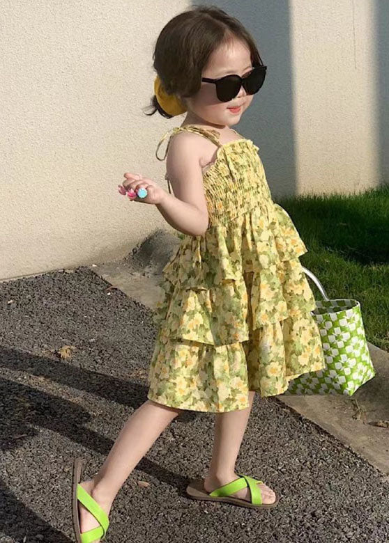 Yellow Print Wrinkled Patchwork Chiffon Baby Sundress Summer