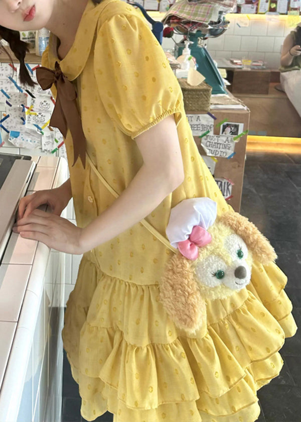 Yellow Ruffled Patchwork Cotton Mid Dresses Summer