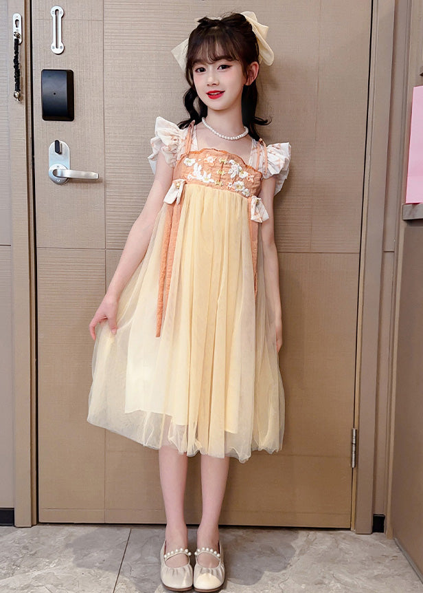Yellow Slash Neck Embroideried Patchwork Tulle Kids Long Dress Summer