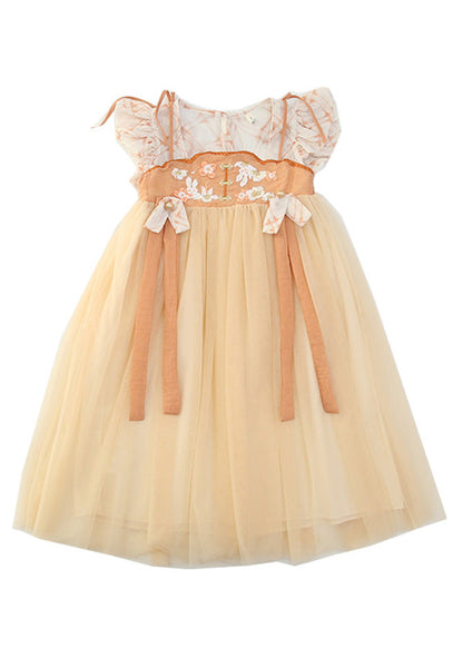 Yellow Slash Neck Embroideried Patchwork Tulle Kids Long Dress Summer