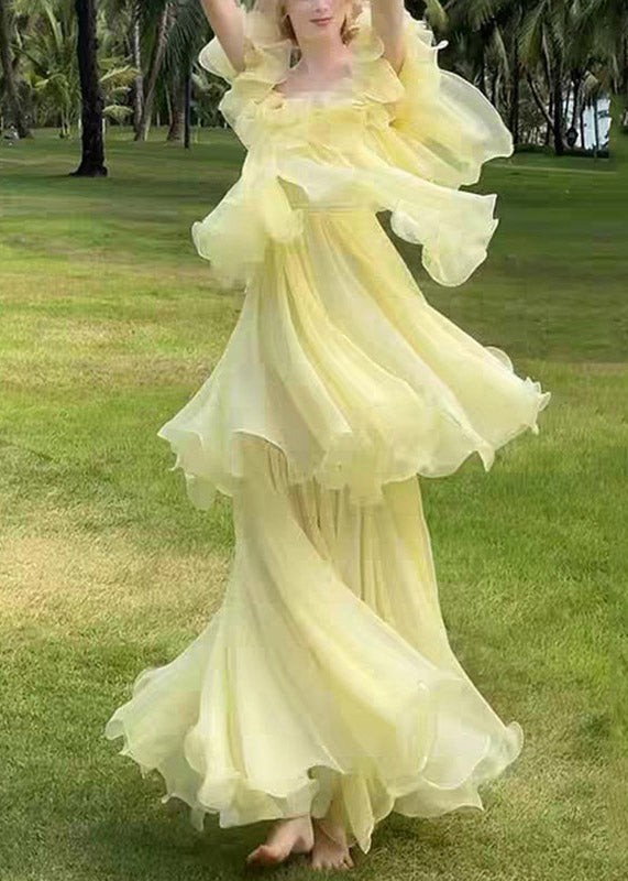 Yellow Slash Neck Ruffled Patchwork Tulle Maxi Dress Sleeveless