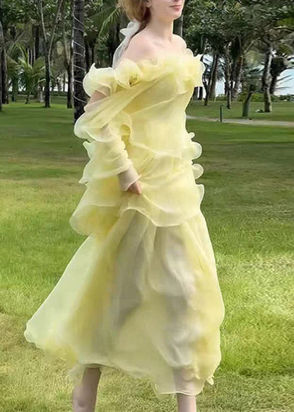Yellow Slash Neck Ruffled Patchwork Tulle Maxi Dress Sleeveless