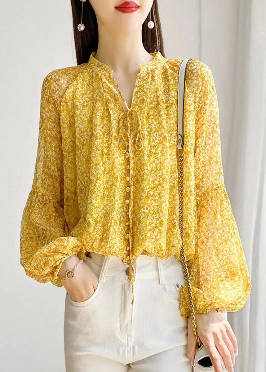 Cute Yellow Stand Collar Print Button Lace up Chiffon Shirt Long sleeve