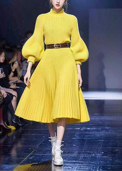 Yellow Tunic Cotton Knit Sweater Dress Lantern Sleeve