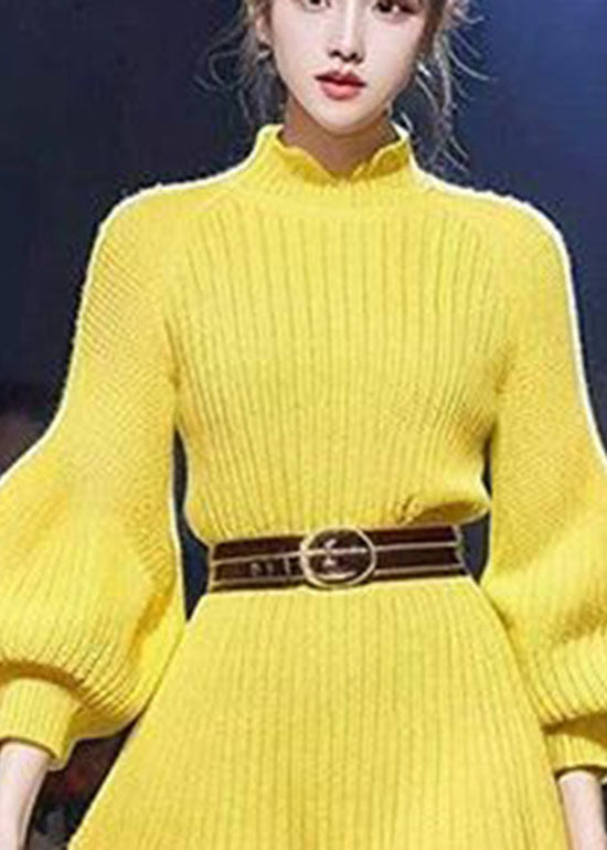 Yellow Tunic Cotton Knit Sweater Dress Lantern Sleeve