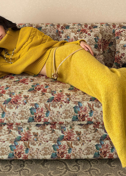 Yellow Turtleneck Patchwork Cotton Knit Sweater and Maxi Skirts Two Piece Set Spring