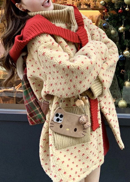 Yellow Turtleneck Pockets Zippered Faux Fur Coats Lantern Sleeve