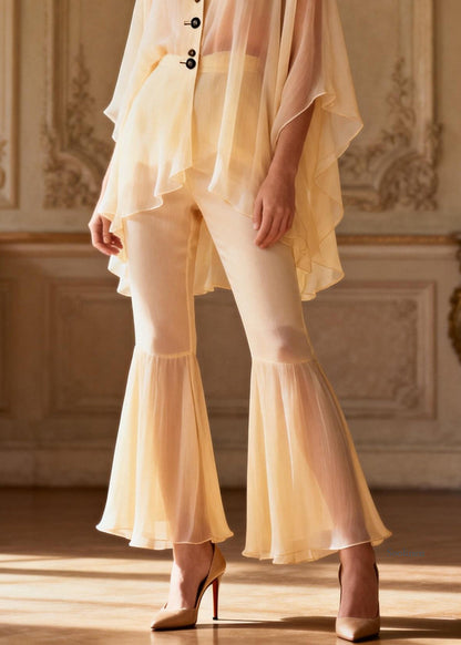 Yellow V Neck Button Patchwork Chiffon Shirts and Flared Trousers Two Pieces Set Spring