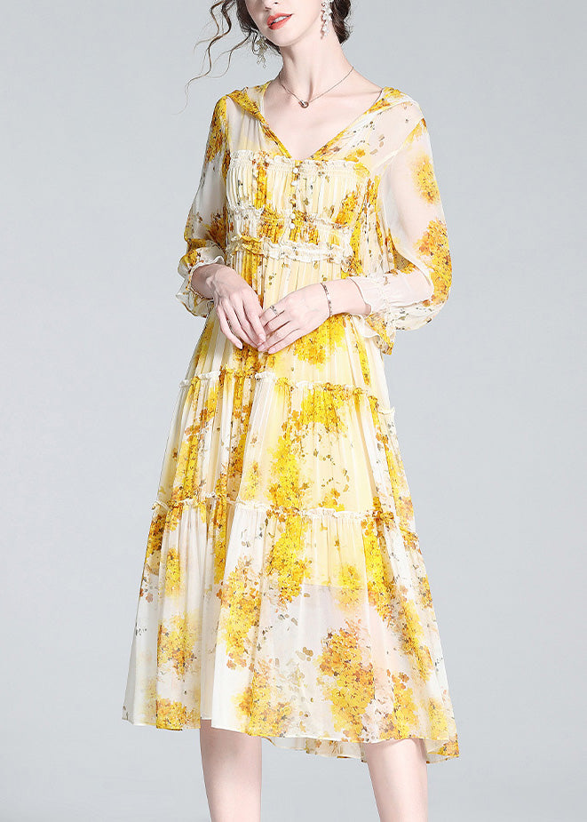 Yellow V Neck Print Patchwork Button Silk Long Dress Spring