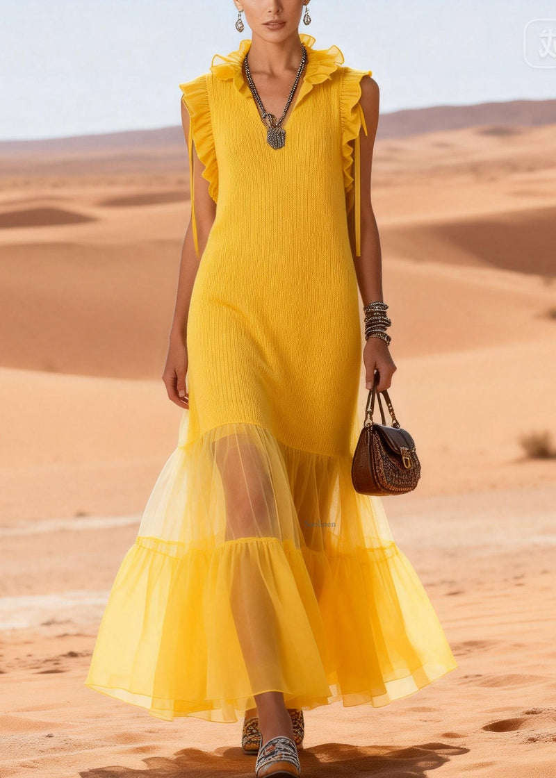 Yellow V Neck Ruffled Tulle Patchwork Cotton Knit Long Dress Sleeveless