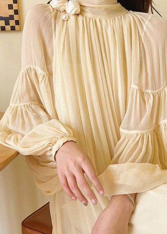Yellow Wrinkled Patchwork Chiffon Long Dress Lantern Sleeve