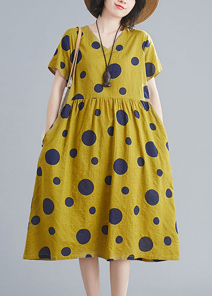 Yellow Wrinkled V Neck Pockets Dot Print Cotton Dresses Short Sleeve