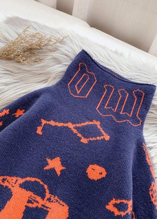 Alphabet Prints Navy Knitwear High Neck Knit Blouse