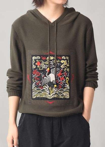 Army Green Knitted Outwear Hooded Knitted Coat Autumn