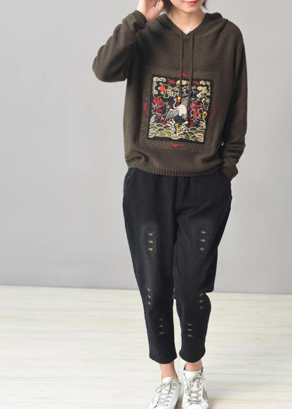 Army Green Knitted Outwear Hooded Knitted Coat Autumn