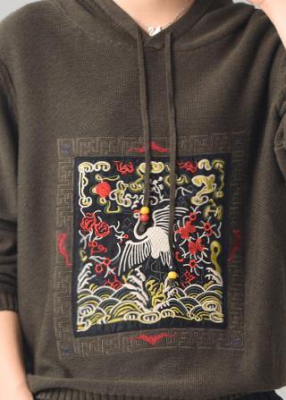 Army Green Knitted Outwear Hooded Knitted Coat Autumn
