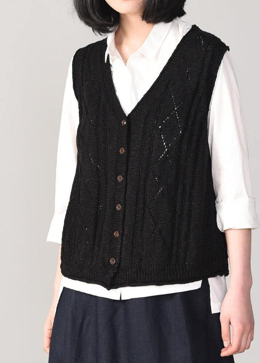 Back Open Knit Cardigans Oversized Sleeveless V Neck Knit Outwear Black