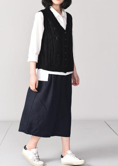 Back Open Knit Cardigans Oversized Sleeveless V Neck Knit Outwear Black