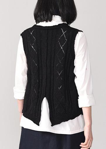 Back Open Knit Cardigans Oversized Sleeveless V Neck Knit Outwear Black