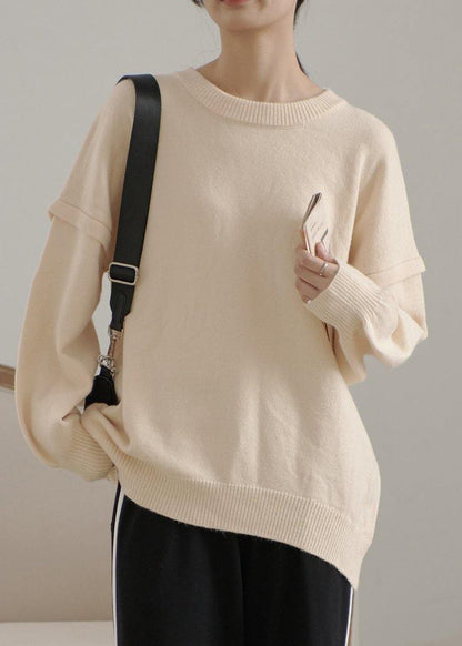 Beige Crane Tops O Neck Cinched Sweaters