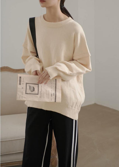 Beige Crane Tops O Neck Cinched Sweaters