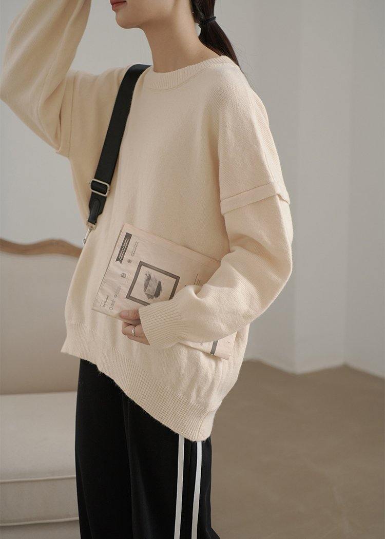Beige Crane Tops O Neck Cinched Sweaters