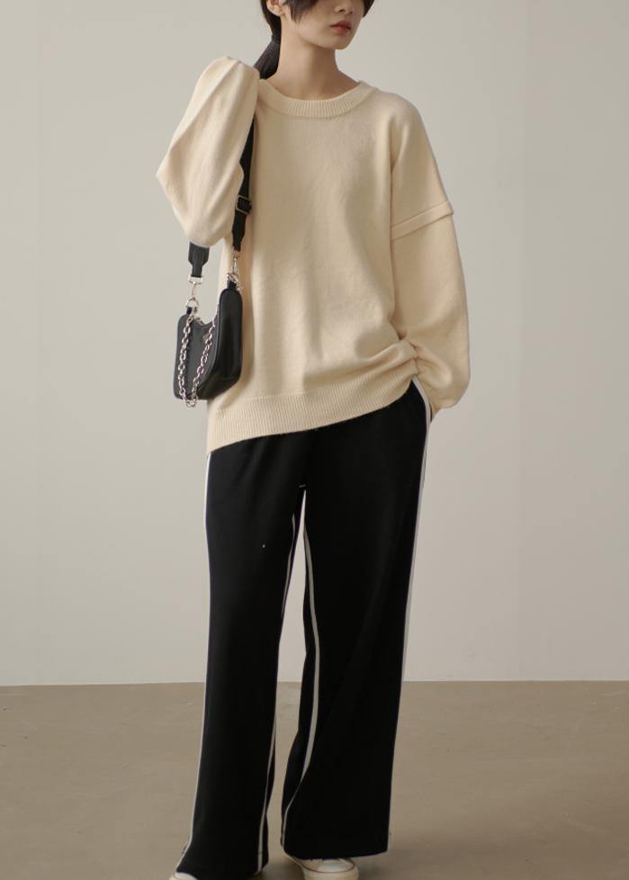 Beige Crane Tops O Neck Cinched Sweaters