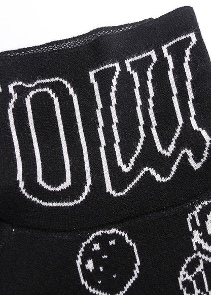 Black Cartoon Print Knitted T Shirt High Neck Knit Sweat Tops