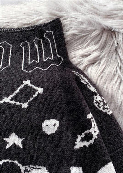 Black Sweater Blouse High Neck Oversized Alphabet Print Knitted Blouse