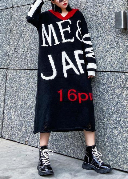 Black Sweater Dress Outfit Upcycle Alphabet Fuzzy Hooded Sweater Dress