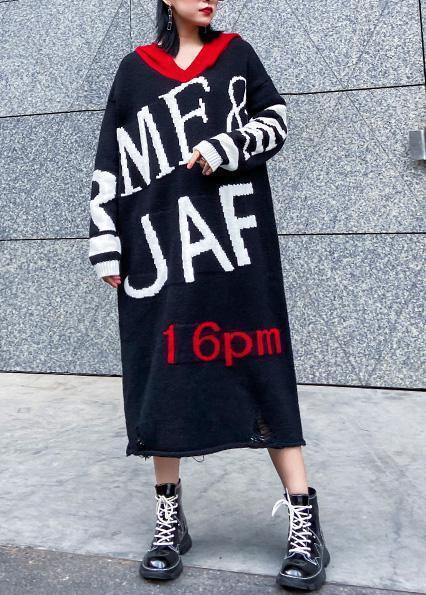 Black Sweater Dress Outfit Upcycle Alphabet Fuzzy Hooded Sweater Dress