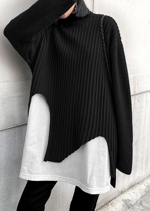 Black Knit Tops O Neck False Two Pieces Oversize Knitted Blouse
