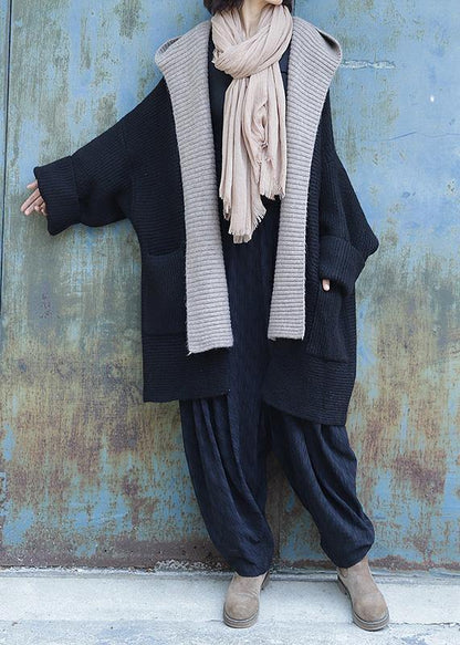 Black Knitted Outwear Clothing Nude Hooded Knit Sweat Tops