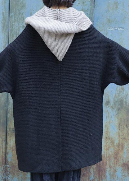 Black Knitted Outwear Clothing Nude Hooded Knit Sweat Tops