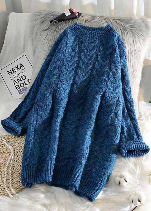 Blue Sweater Outfits Street Style Thick O Neck Baggy Knit Dresses