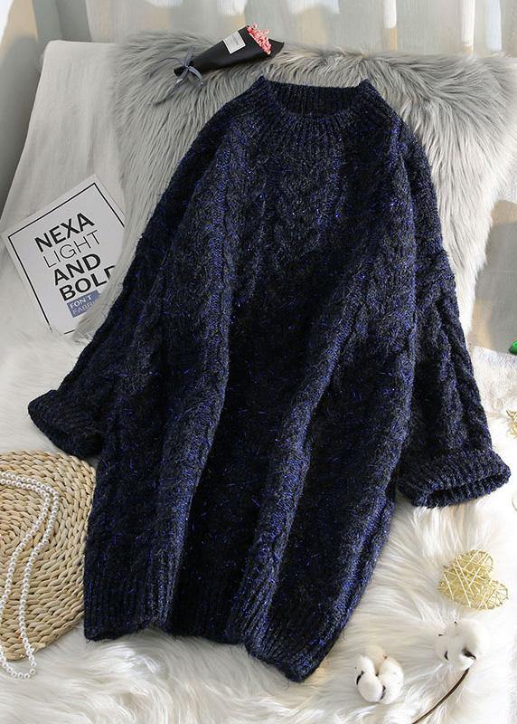 Blue Sweater Outfits Street Style Thick O Neck Baggy Knit Dresses