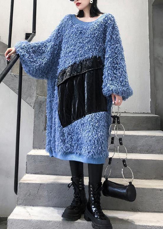 Blue Sweater Weather O Neck Tassel Big Sweater Dresses