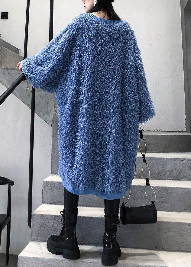 Blue Sweater Weather O Neck Tassel Big Sweater Dresses