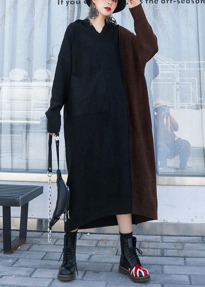 Brown Patchwork Sweater Aesthetic Hooded Winter Knitted Tops