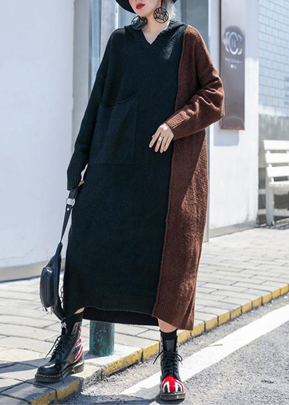 Brown Patchwork Sweater Aesthetic Hooded Winter Knitted Tops