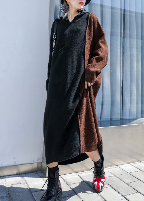 Brown Patchwork Sweater Aesthetic Hooded Winter Knitted Tops
