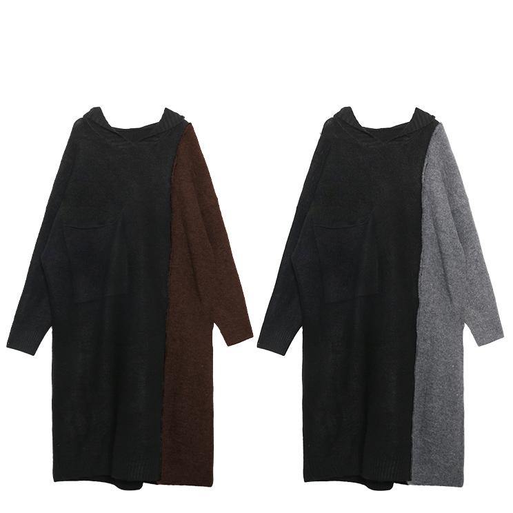 Brown Patchwork Sweater Aesthetic Hooded Winter Knitted Tops