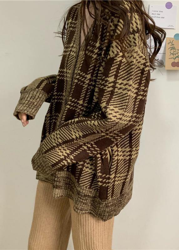 Brown Plaid Knit Cardigans Loose Fitting Winter Knit Outwear V Neck